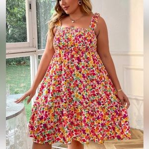Plus Allover Floral Print Shirred Ruffle Hem Cami Dress 2X